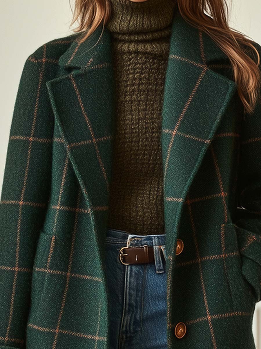 Plaid Tweed Coat with Retro Lapels for Women