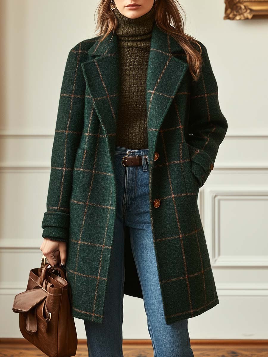 Plaid Tweed Coat with Retro Lapels for Women