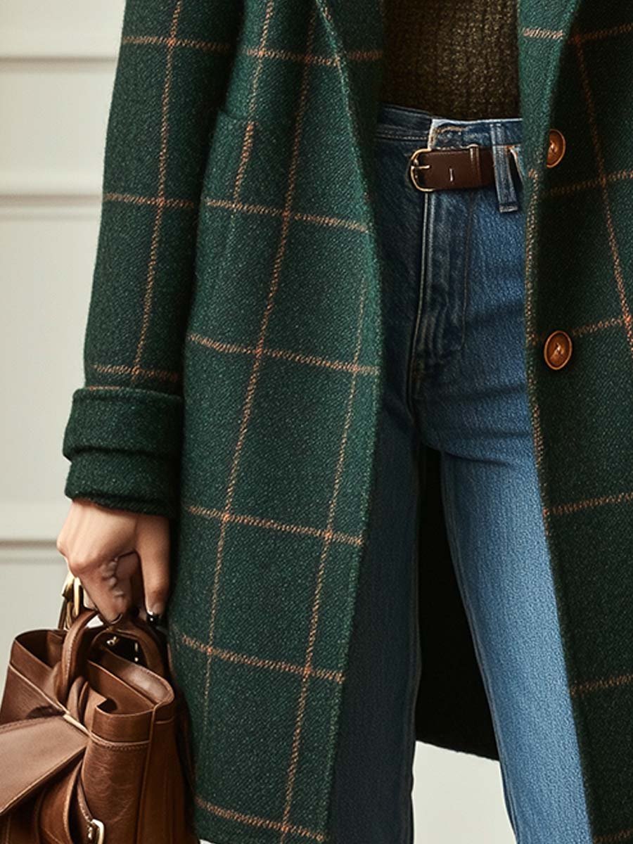 Plaid Tweed Coat with Retro Lapels for Women